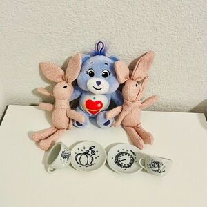 Blue Plush Care Bear with Pink Bunnies and Cinderella Tea Set